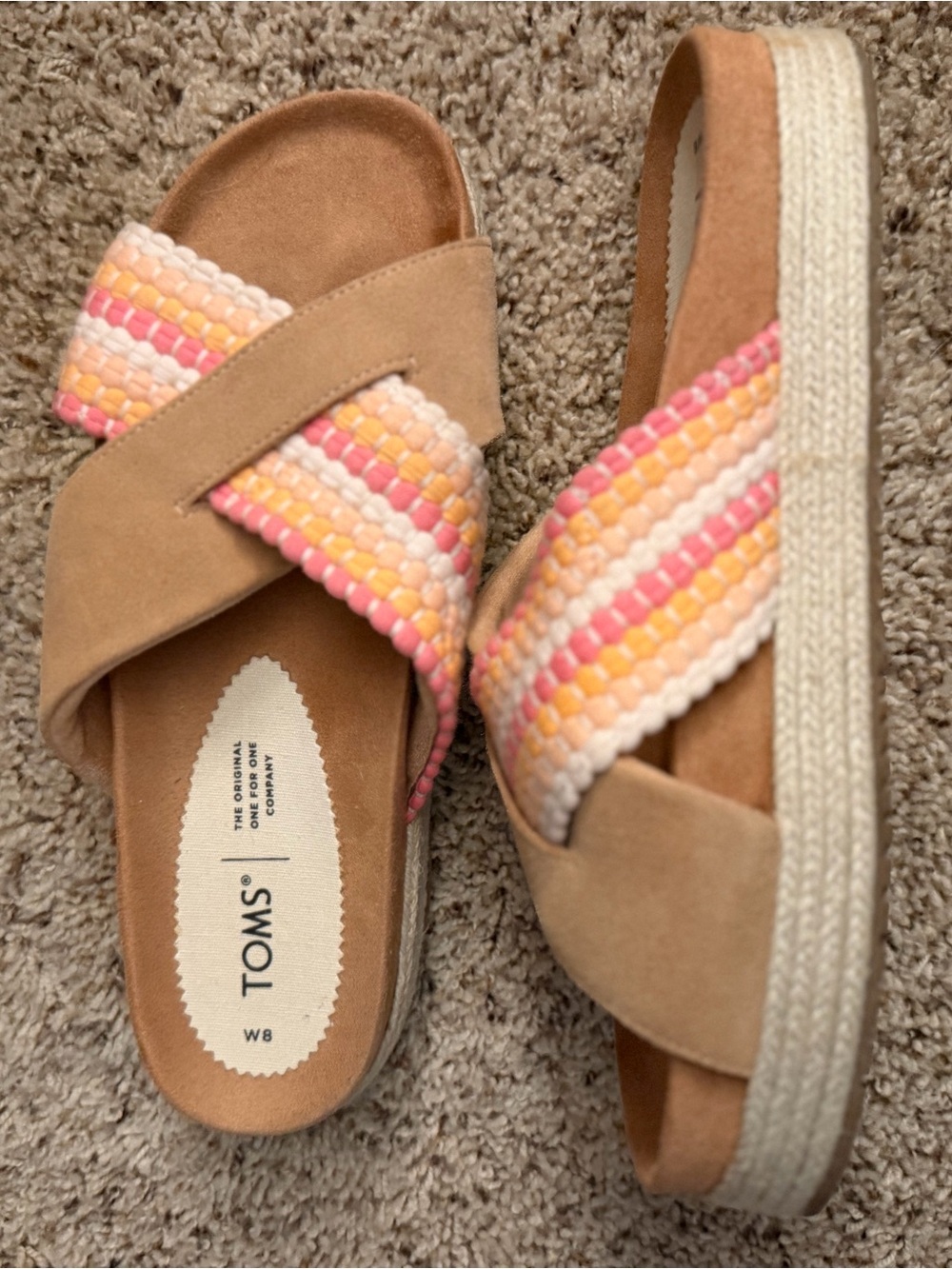 Toms Tan Slide Sandals with Pink and Yellow Woven Straps